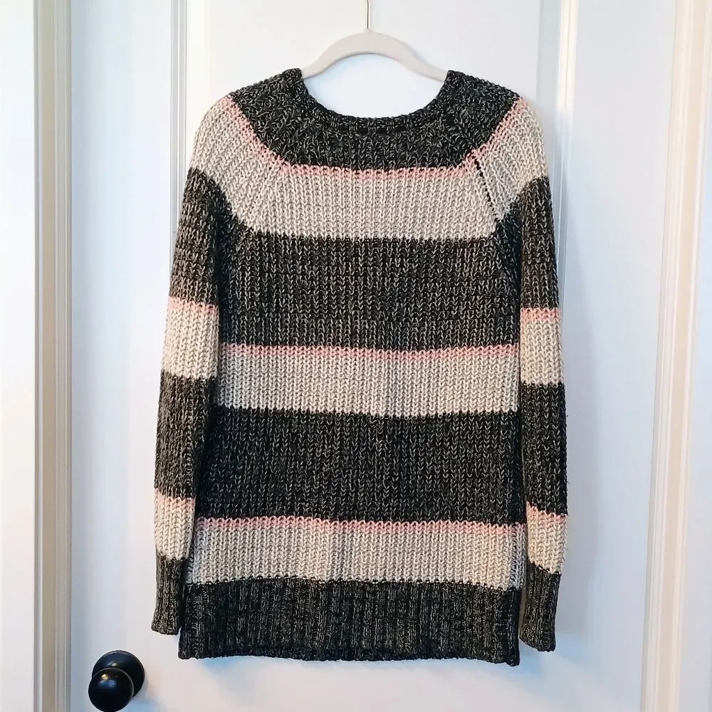 Women's American Eagle Knit Jegging Sweater - Gray And Pink Striped - Size Small